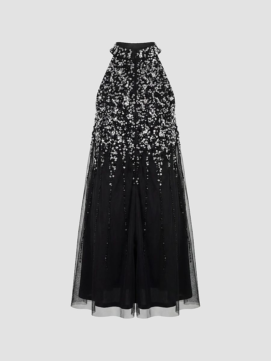 Mac Duggal Girl's Girl's Sequined Tulle Halter Dress - Black Silver - Size 14