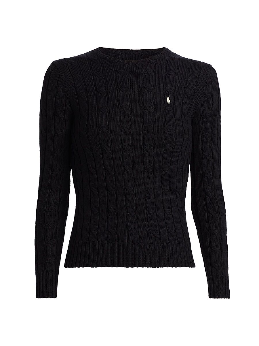 Women's Cable-Knit Cotton Crewneck Sweater - Polo Black White - Size XS