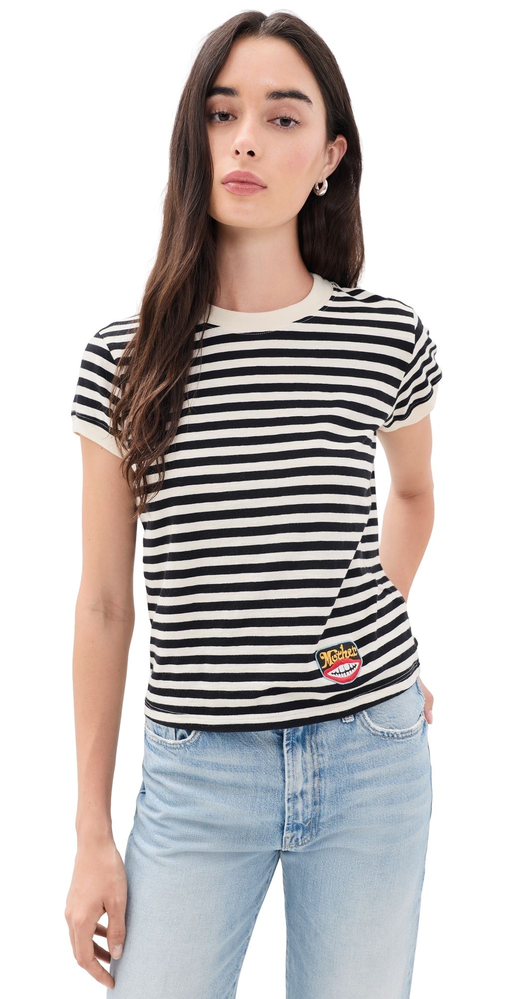 MOTHER The Boxy Goodie Goodie Tee Black And Cream Striipe S