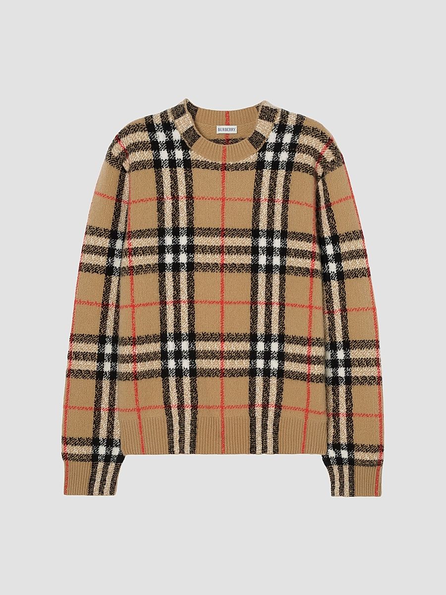 Burberry Men's Curtis Check Cashmere Crewneck Sweater - Sand Ip Check - Size XL