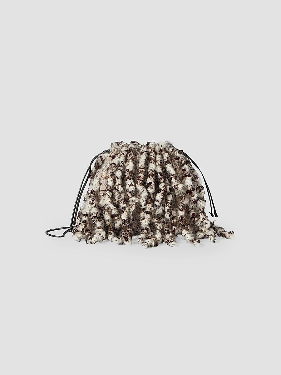 Women's Dazzling Twist Embroidery Pouch Bag with Precious Chain - Brown