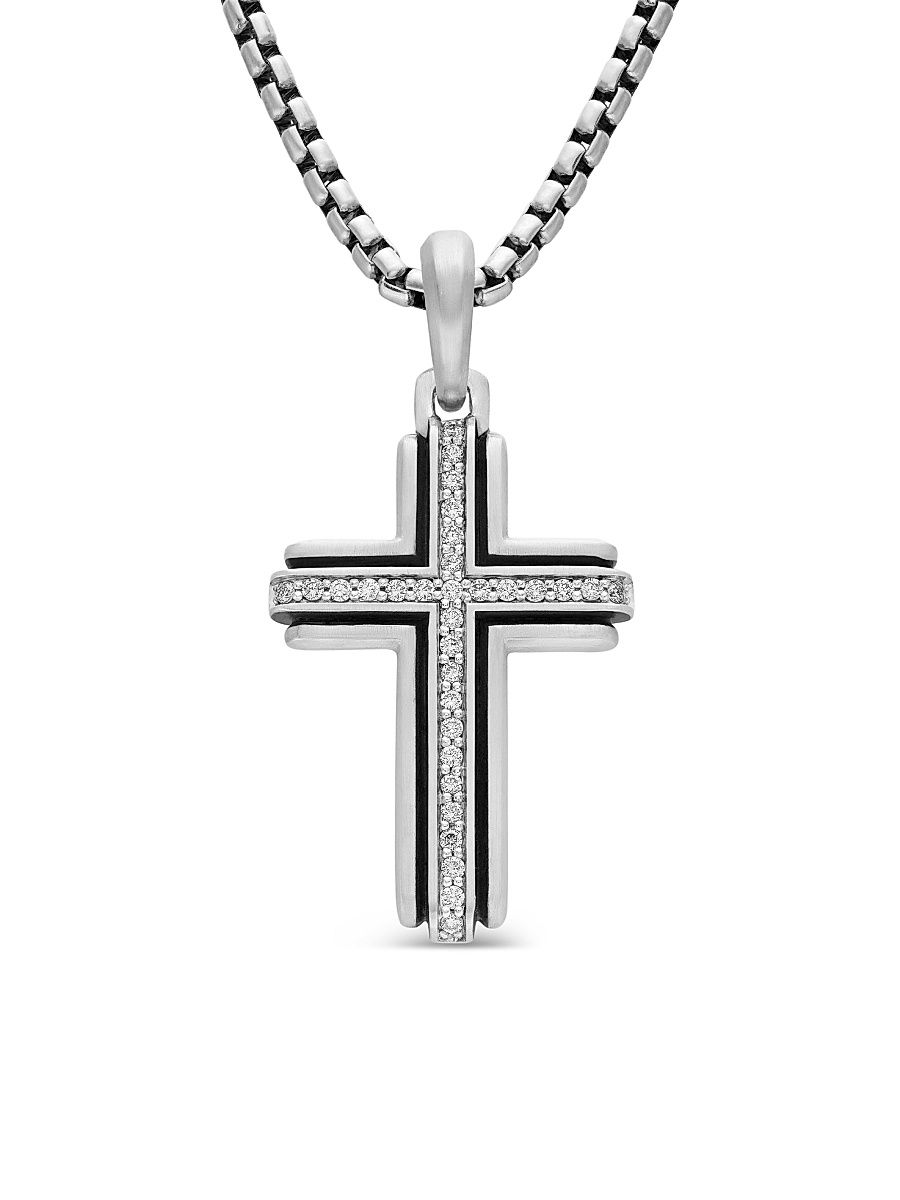 Men's Deco Cross Pendant in Sterling Silver - Diamond