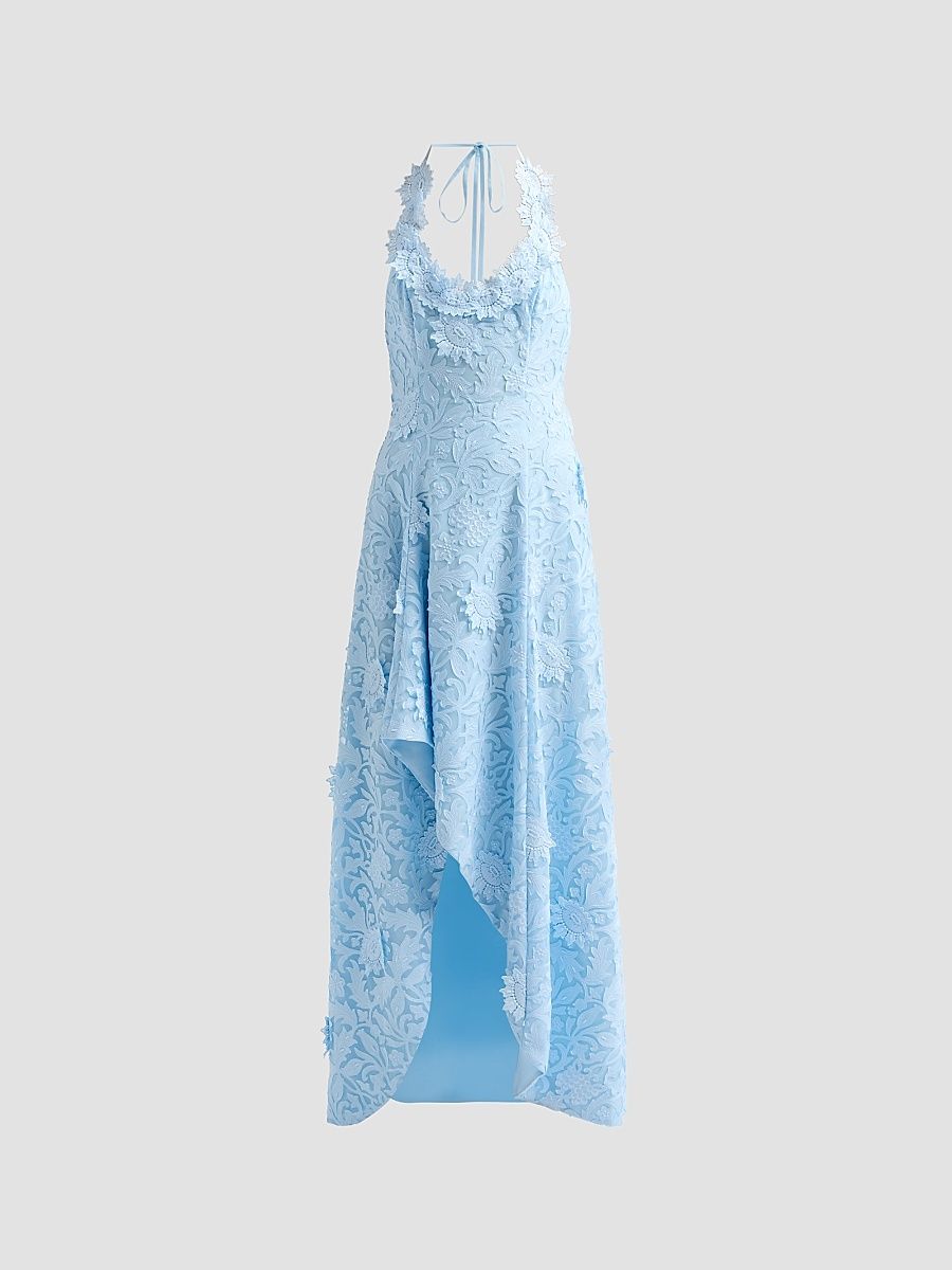 Women's Avira Laser-Cut Lace Halter Gown - Sky - Size XXL