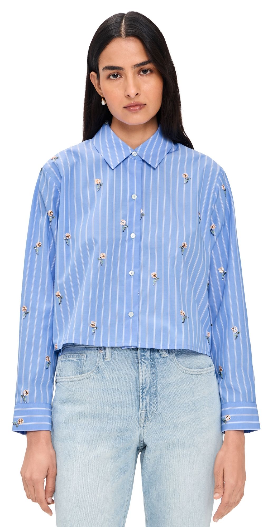 L'AGENCE Cosette Crop High Low Shirt Blue Stripe/Sequin Flower S