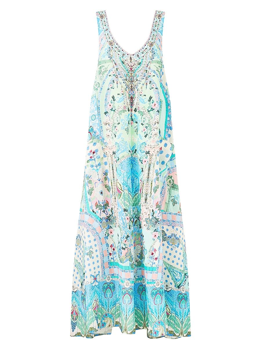 Women's Printed Linen Open-Back Maxi Dress - Midsummer Mosaics - Size XS