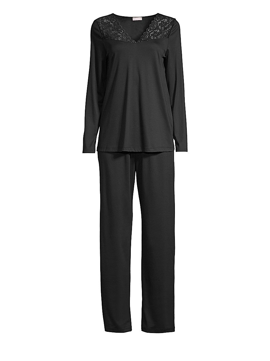 Women's Moments Two-Piece Lace & Cotton Pajama Set - Black - Size Large