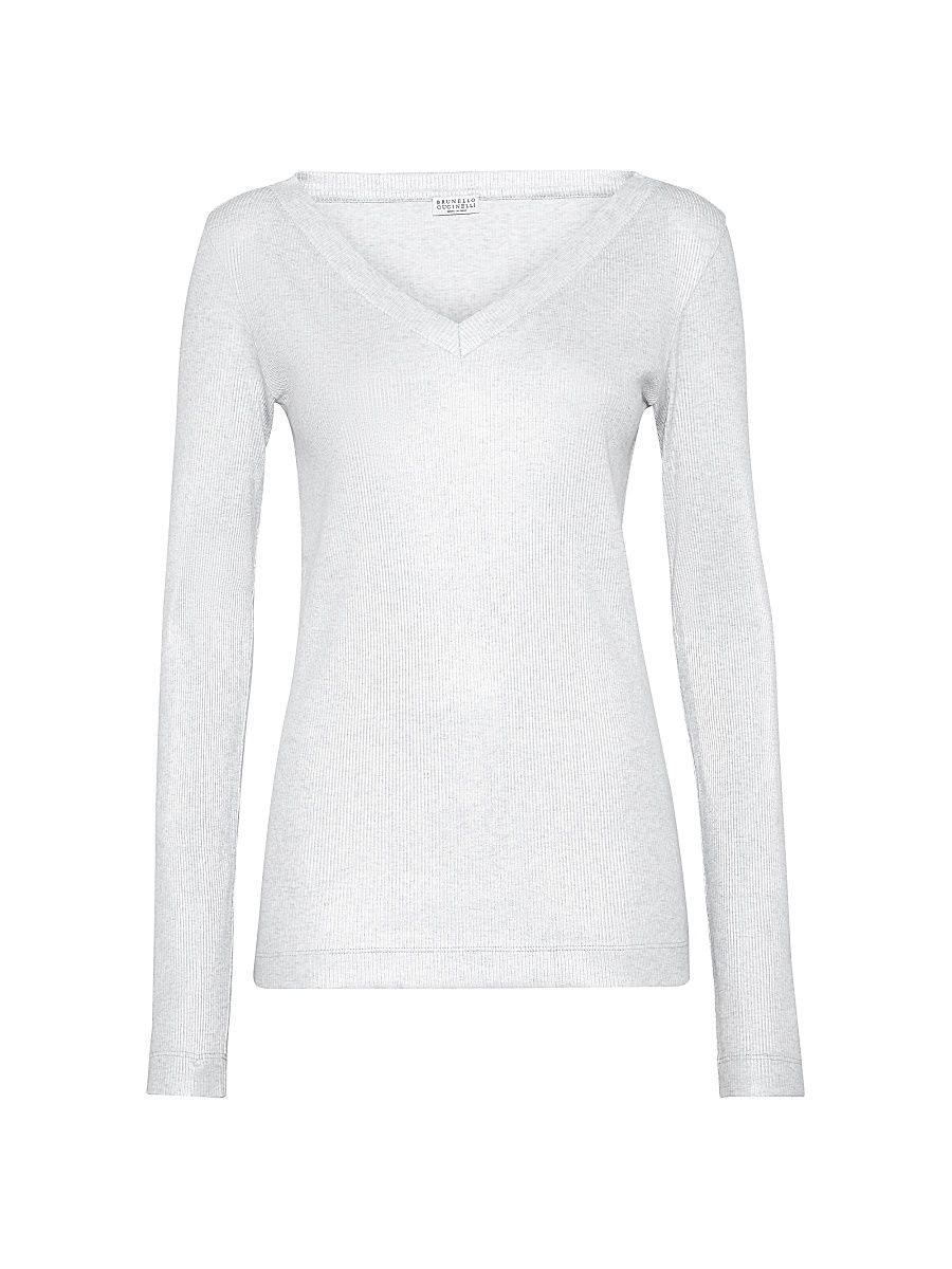 Women's Sparkling Stretch Cotton Ribbed Jersey Long Sleeve T-Shirt with Shiny Tab - Silver - Size XXXL