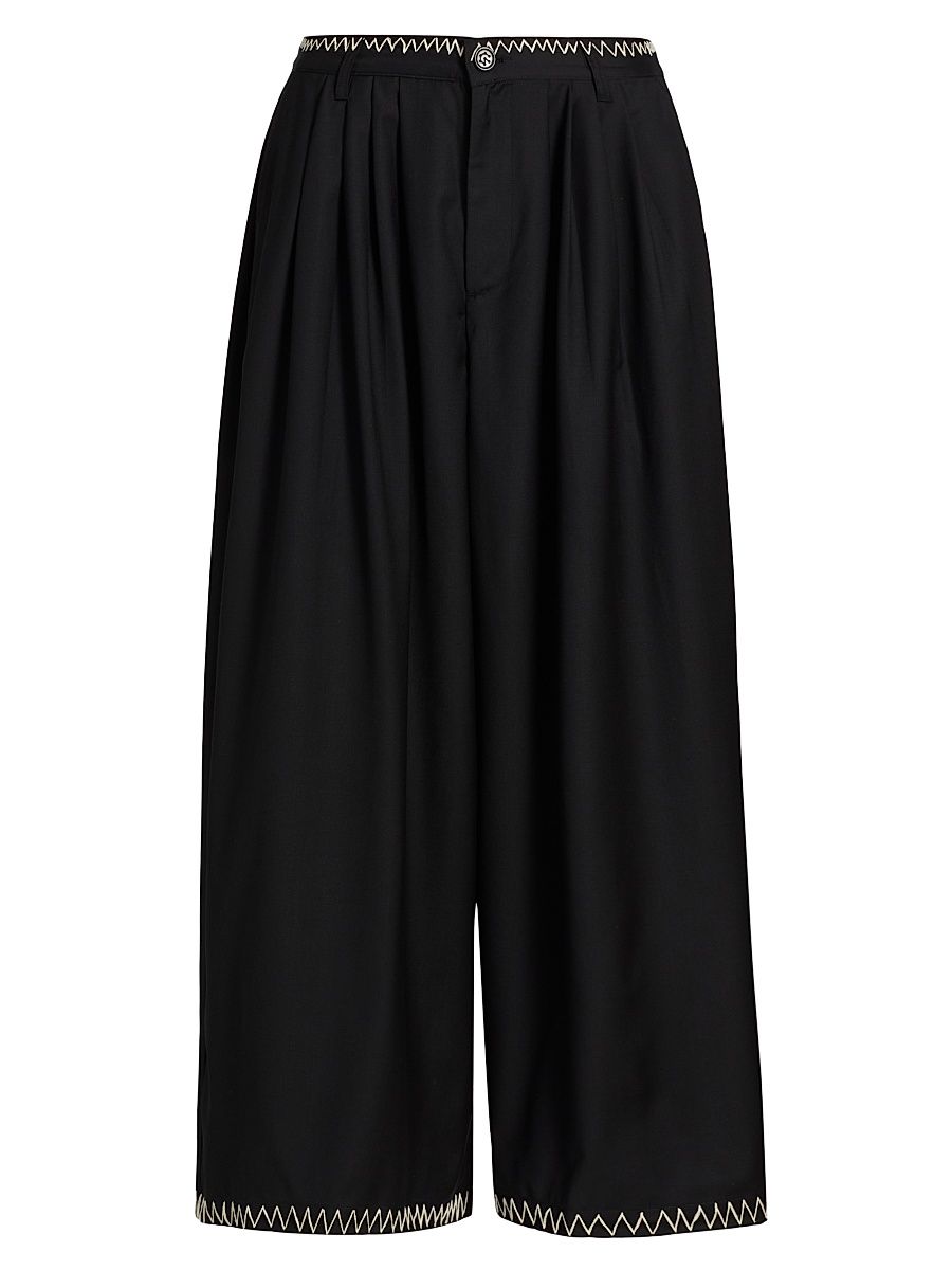 Men's Wool Embroidered Wide-Leg Pants - Black - Size 36