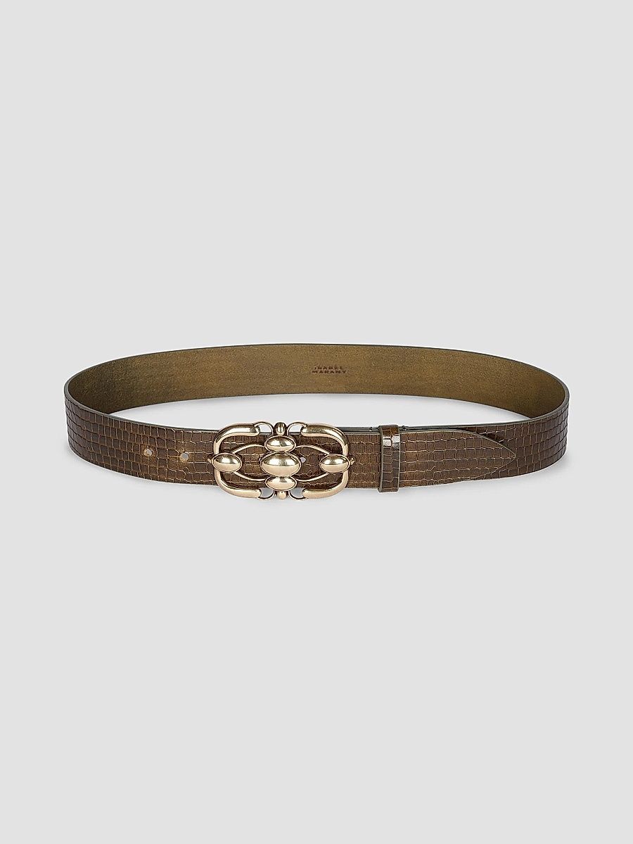 Isabel Marant Women's Mirko Croc-Embossed Leather Belt - Dark Khaki - Size Small