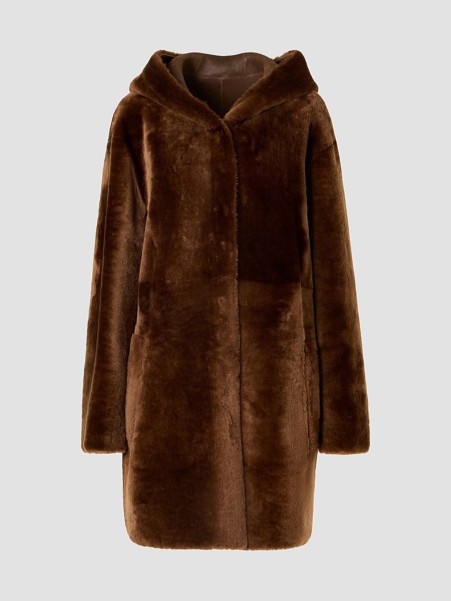Women's Hooded Shearling Oversized Coat - Caramel - Size 4