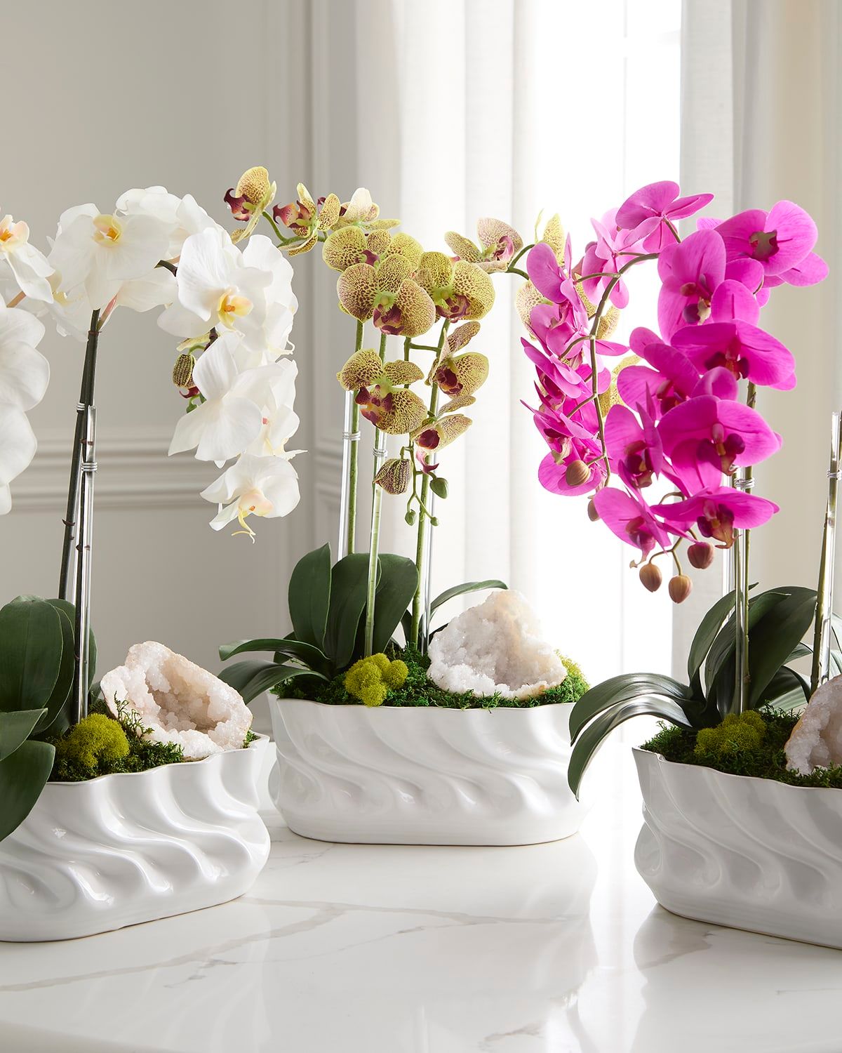 Triple Orchid with Quartz 23" Faux Floral Arrangement in Ripple Vase