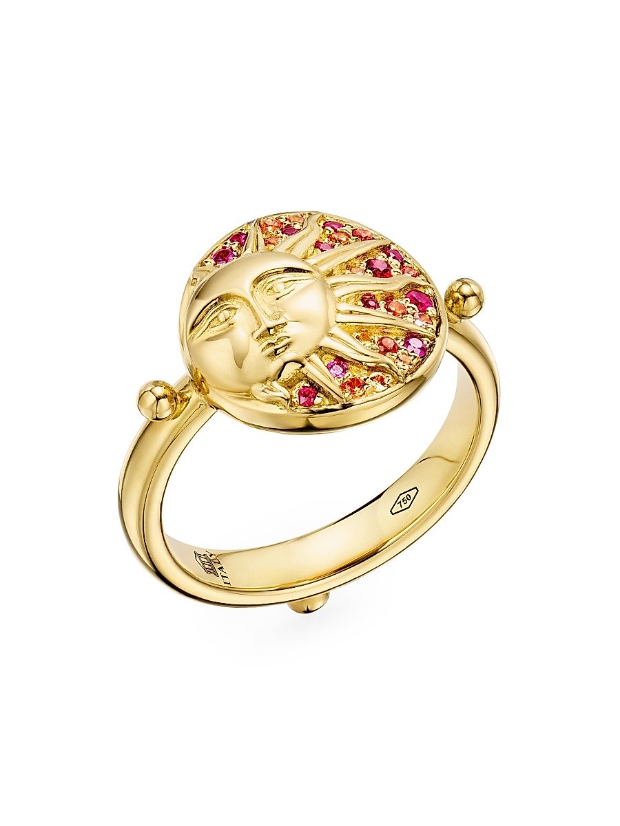 Women's Celestial Solar Eclipse 18K Yellow Gold, Ruby & Orange Sapphire Ring - Yellow Gold - Size 6.5
