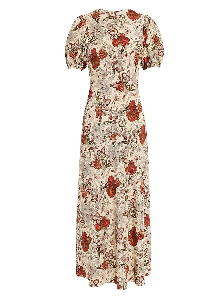 Women's Ines Floral Silk Puff-Sleeve Midi-Dress - Size 8