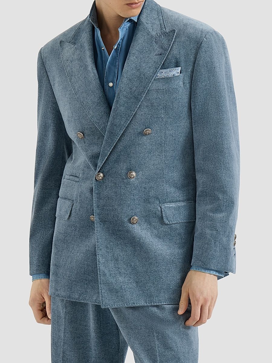 Men's Denim-Effect Cotton Velvet One-and-a-Half Breasted Tailor Blazer - Cerulean - Size 48