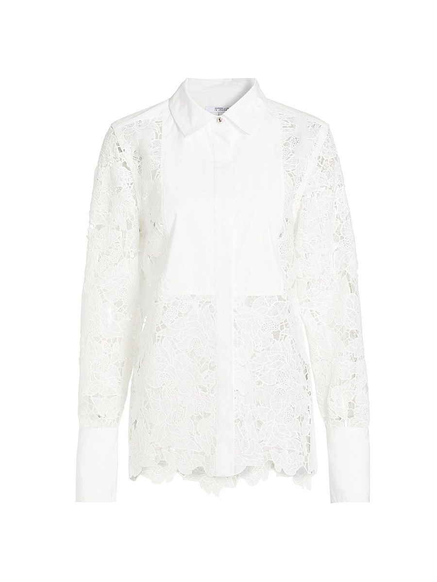 Women's Megan Floral Embroidered Cotton Sheer Shirt - White - Size Medium
