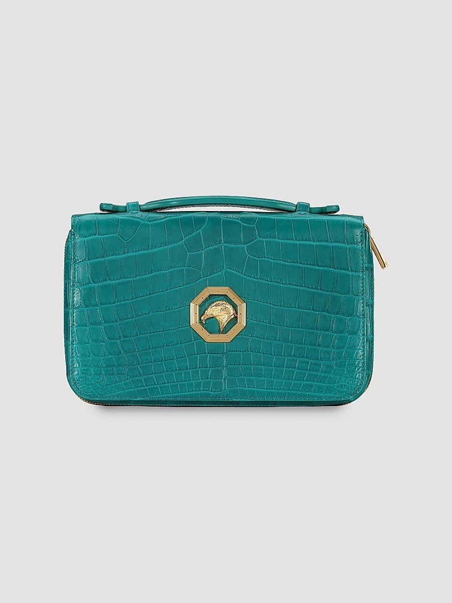 Men's Double Zipper Wallet in Crocodile Leather - Opal Green
