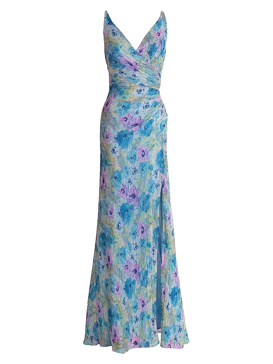 Women's Jordan Floral Metallic Sleeveless Surplice Gown - Sky Multi - Size XXL