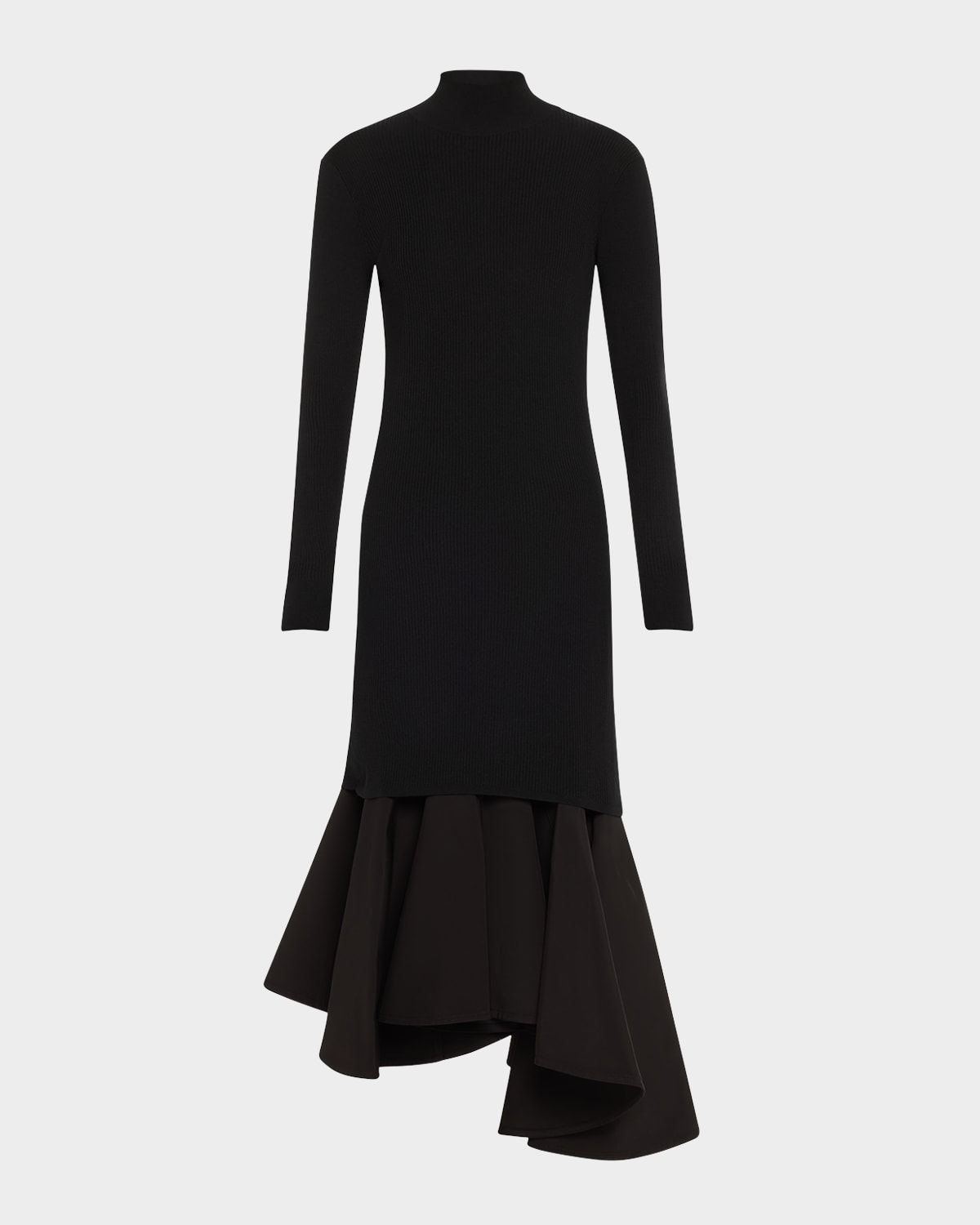 Asymmetric Mixed-Media Turtleneck Midi Dress