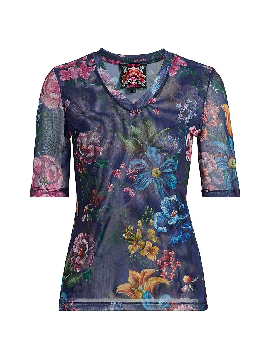 Women's Floral Mesh V-Neck Top - Ollie - Size XXL