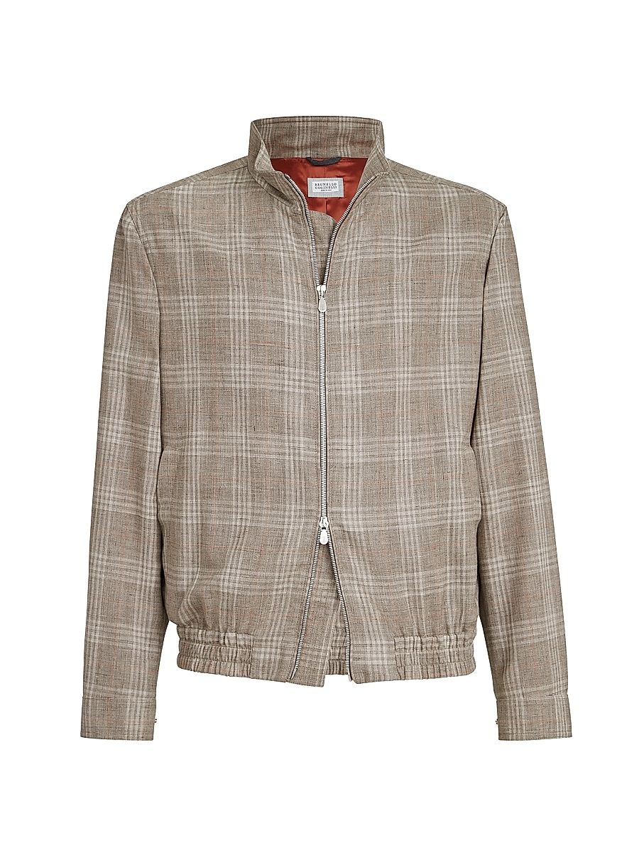 Men's Wool, Silk and Linen Tartan Outerwear Jacket with Stand Collar - Light Grey - Size 50