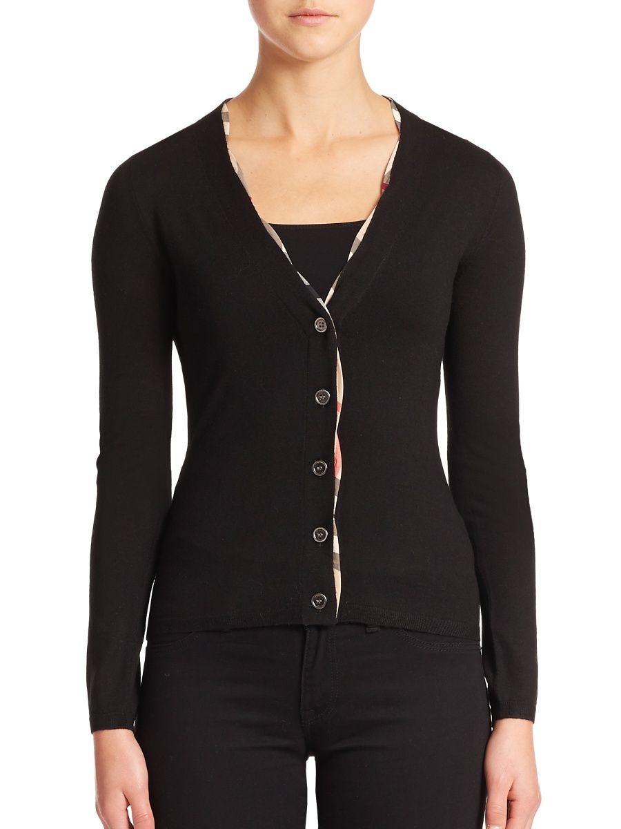 Burberry Women's Check-Trim Cardigan - Black - Size Small