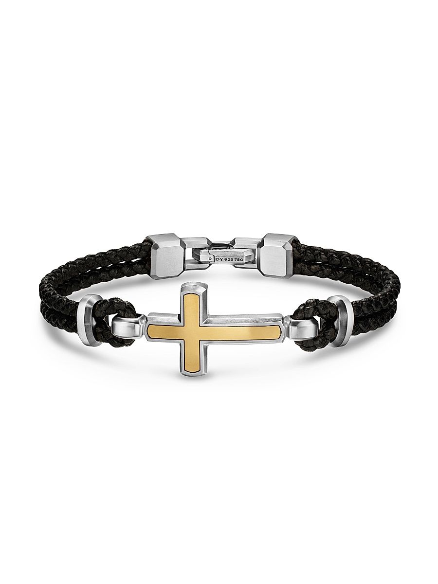 Men's Streamline Cross Station Bracelet in Black Leather - Silver - Size Medium