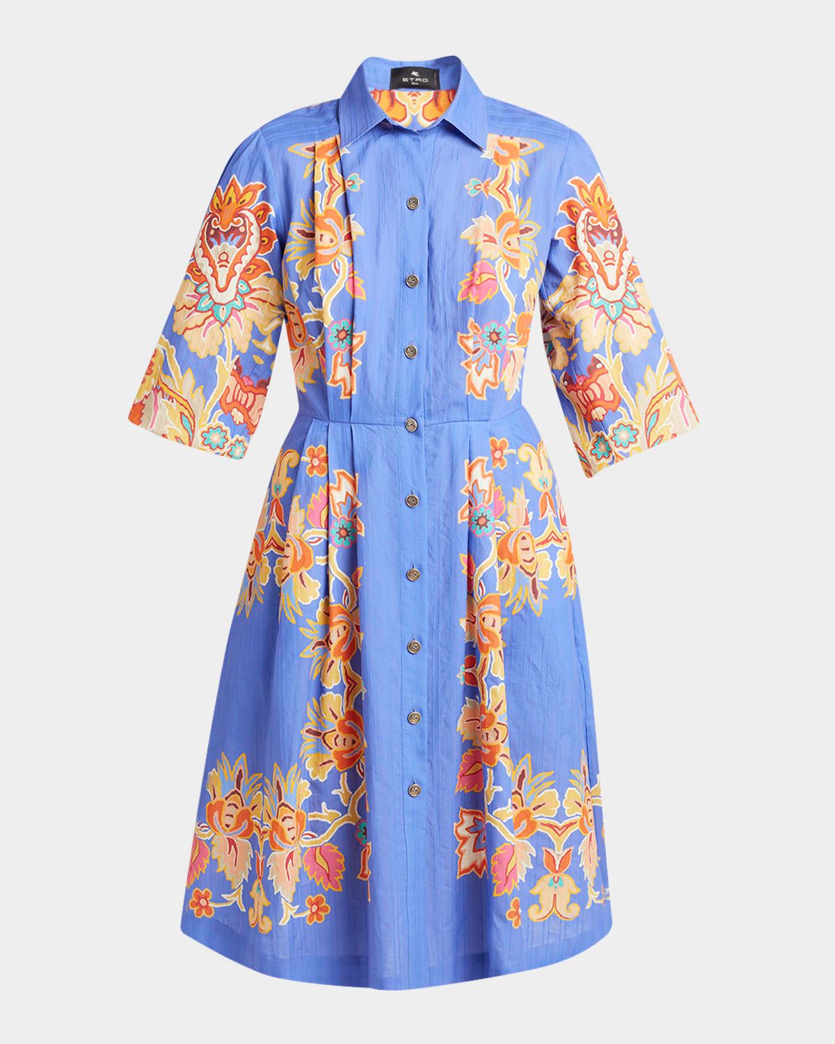 Pleated Blue Bouquet Puff-Sleeve Shirtdress