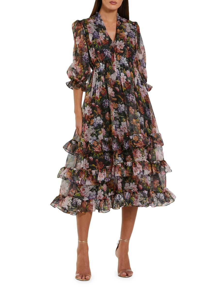 Mac Duggal Women's Ruffled Chiffon A-Line Midi-Dress - Black Multi - Size XL