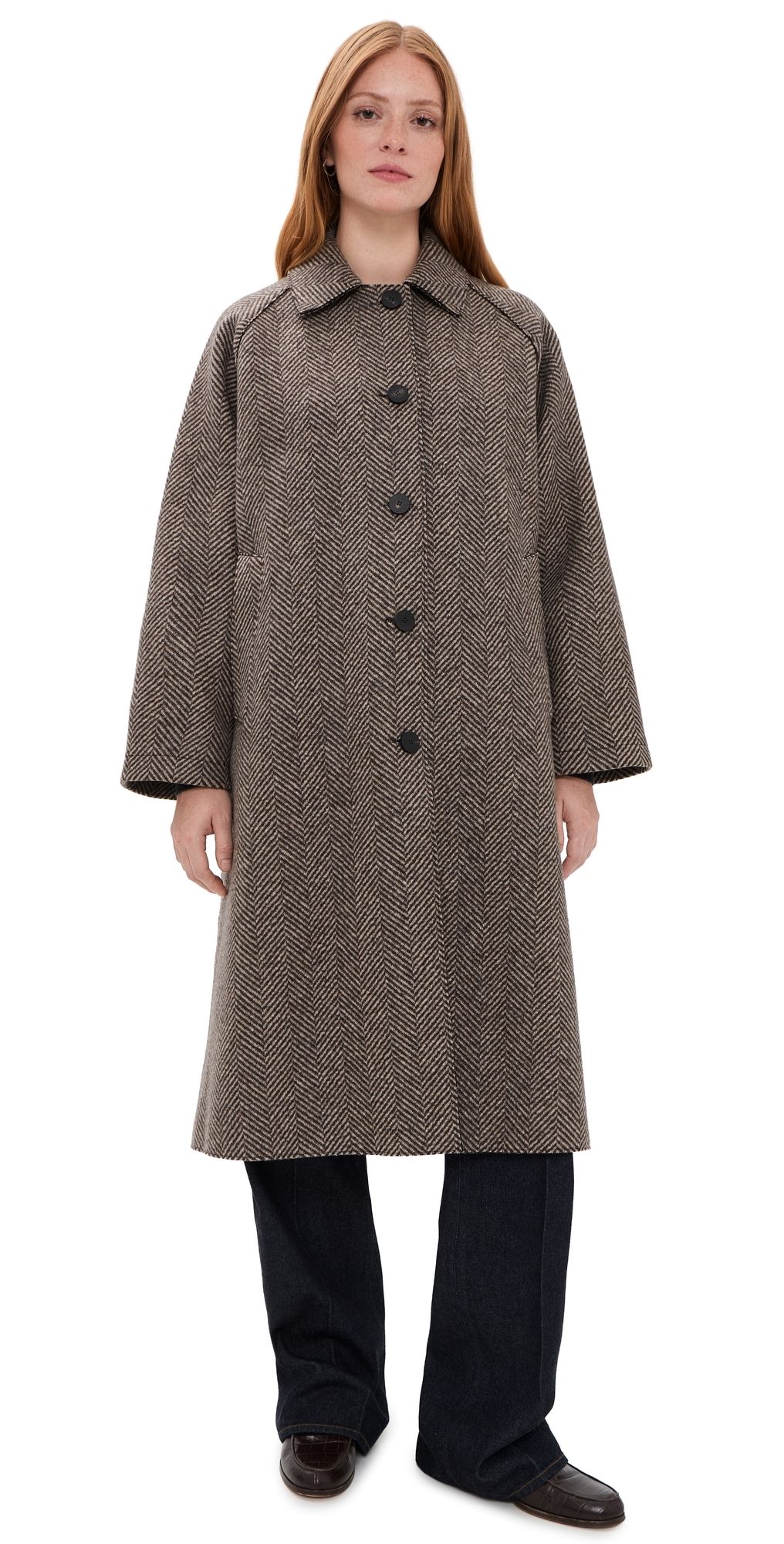 Harris Wharf London Balmacaan Patterned Cashmere Blend Jacket Cream & Brown Herringbone 40