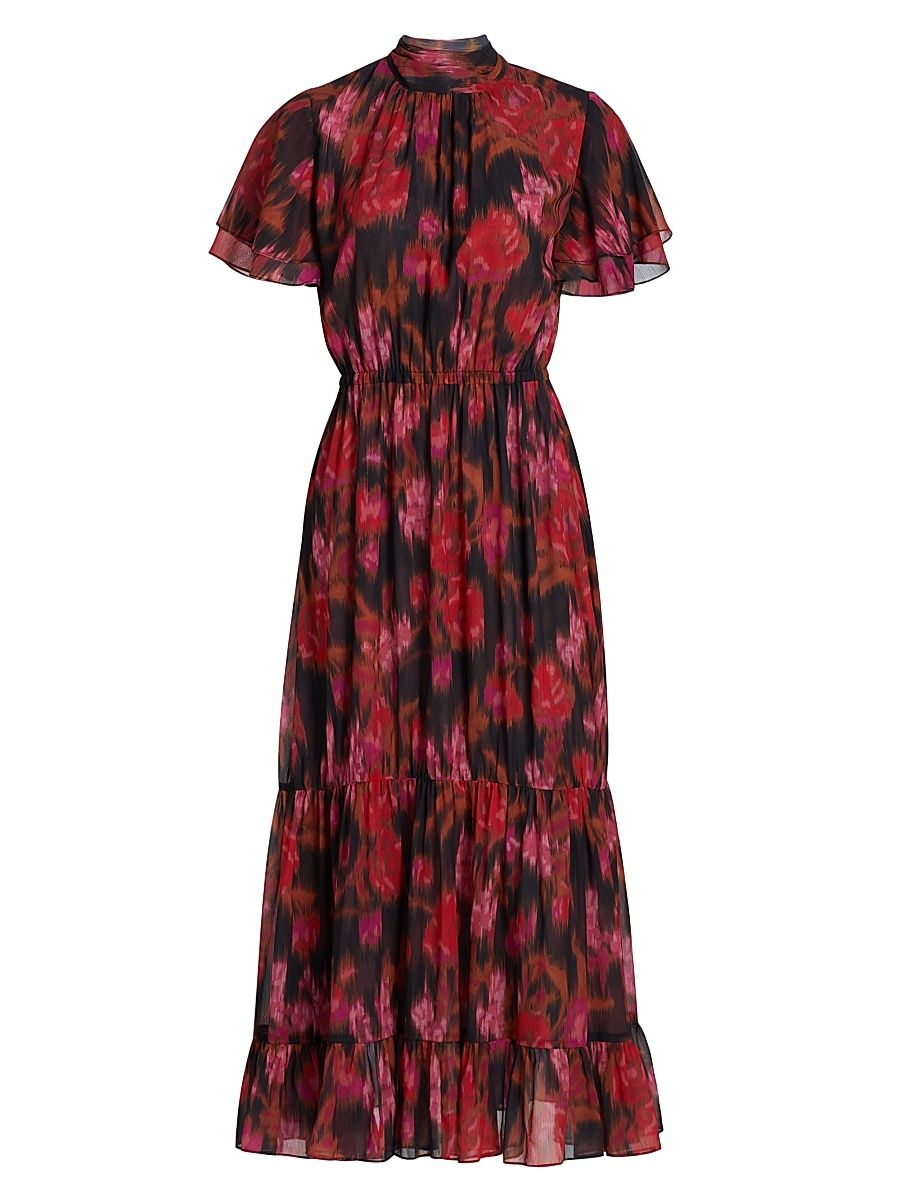 Women's Safiya Blurred Floral Ruffle Midi-Dress - Blur Floral - Size Large