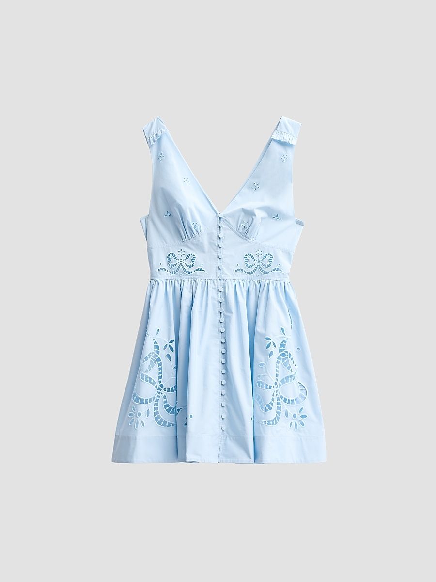 Women's Eyelet Embroidered Cotton Mini Dress - Blue - Size 12