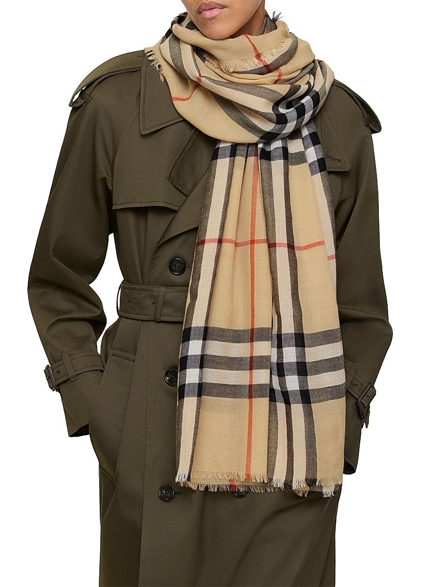 Women's Fringed Check Wool Scarf - Sand
