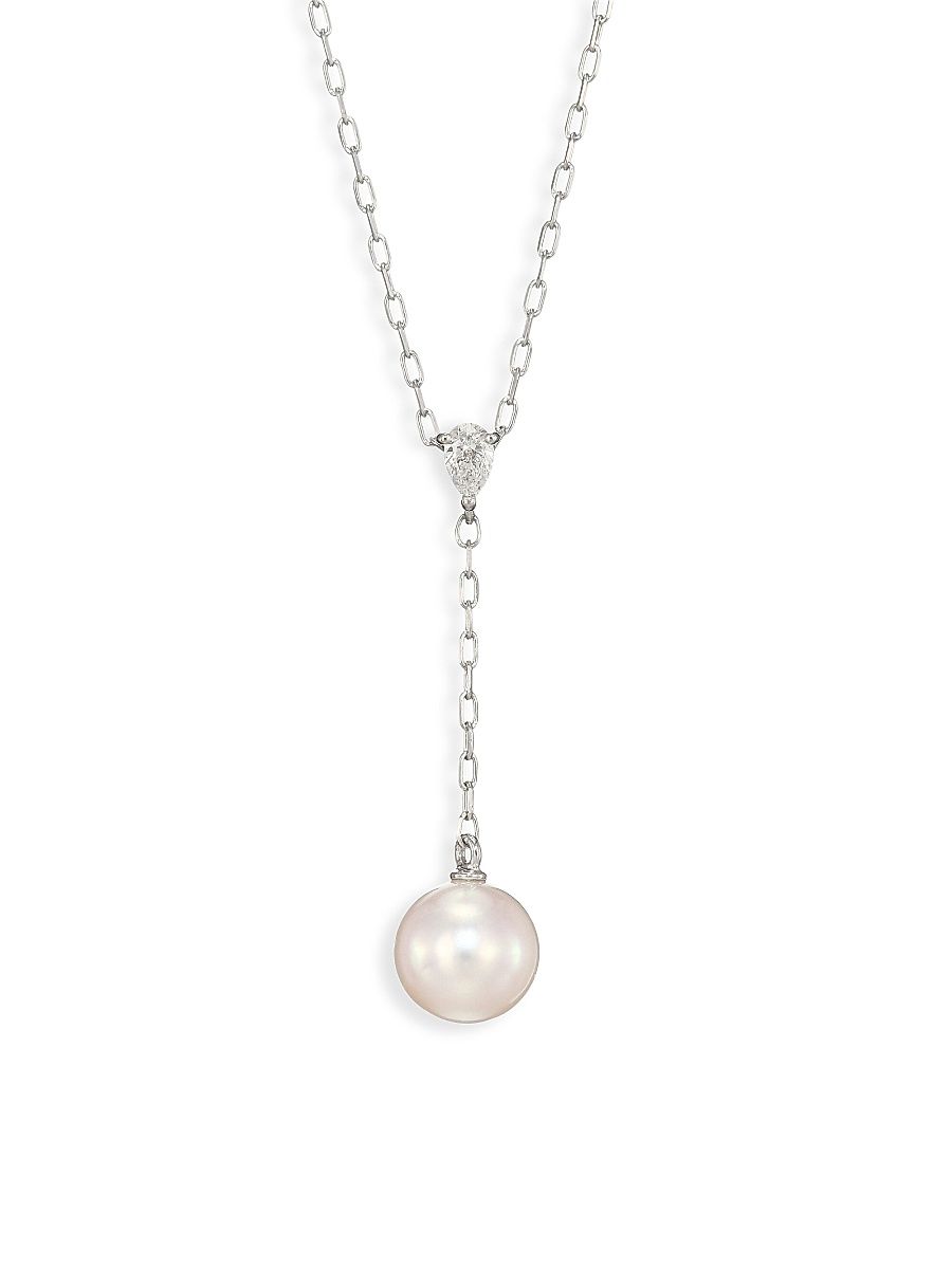Women's 7.5MM White Cultured Akoya Pearl, Diamond & 18K White Gold Pendant Necklace - White Gold