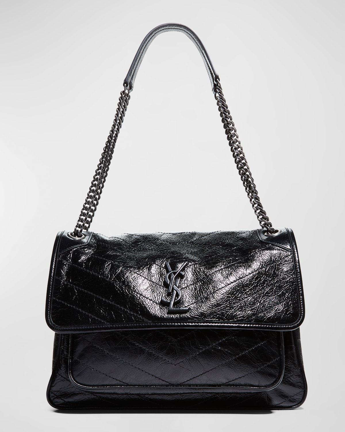 Niki Large Flap YSL Shoulder Bag in Crinkled Leather