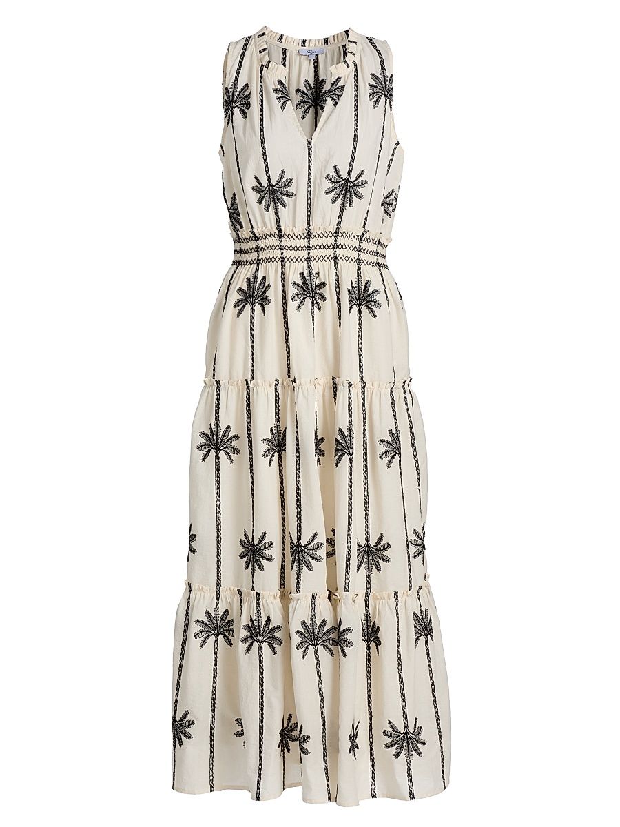 Women's Loulou Embroidered Tiered Cotton Maxi Dress - Embroidered Palms - Size Medium