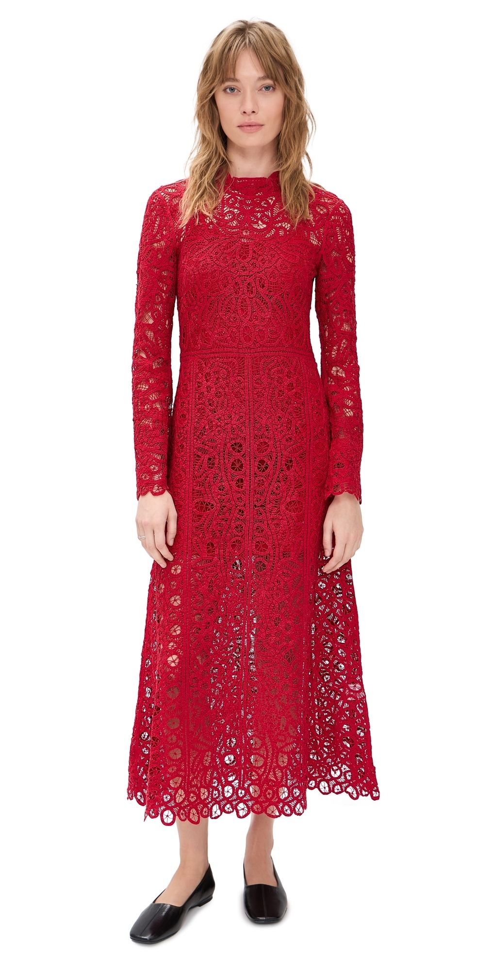 Sea Adelina Battenberg Lace Long Sleeve Dress Red 4