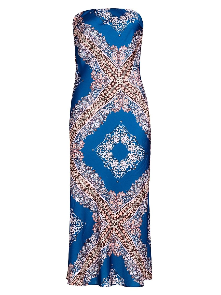 Women's Thara Paisley Medallion Strapless Midi-Dress - Sapphire Tapis Satin - Size Small