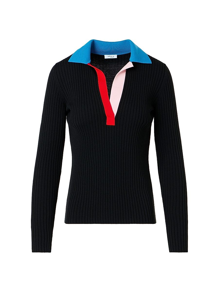 Women's Colorblocked Wool Rib-Knit Polo Top - Black Multi - Size 16