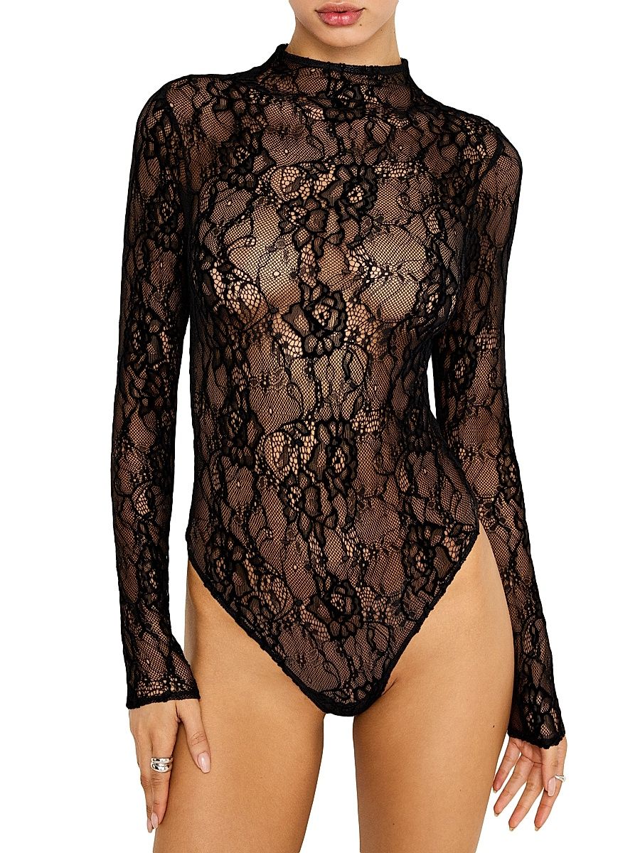 Women's Lace Mock Turtleneck Bodysuit - Black - Size XS