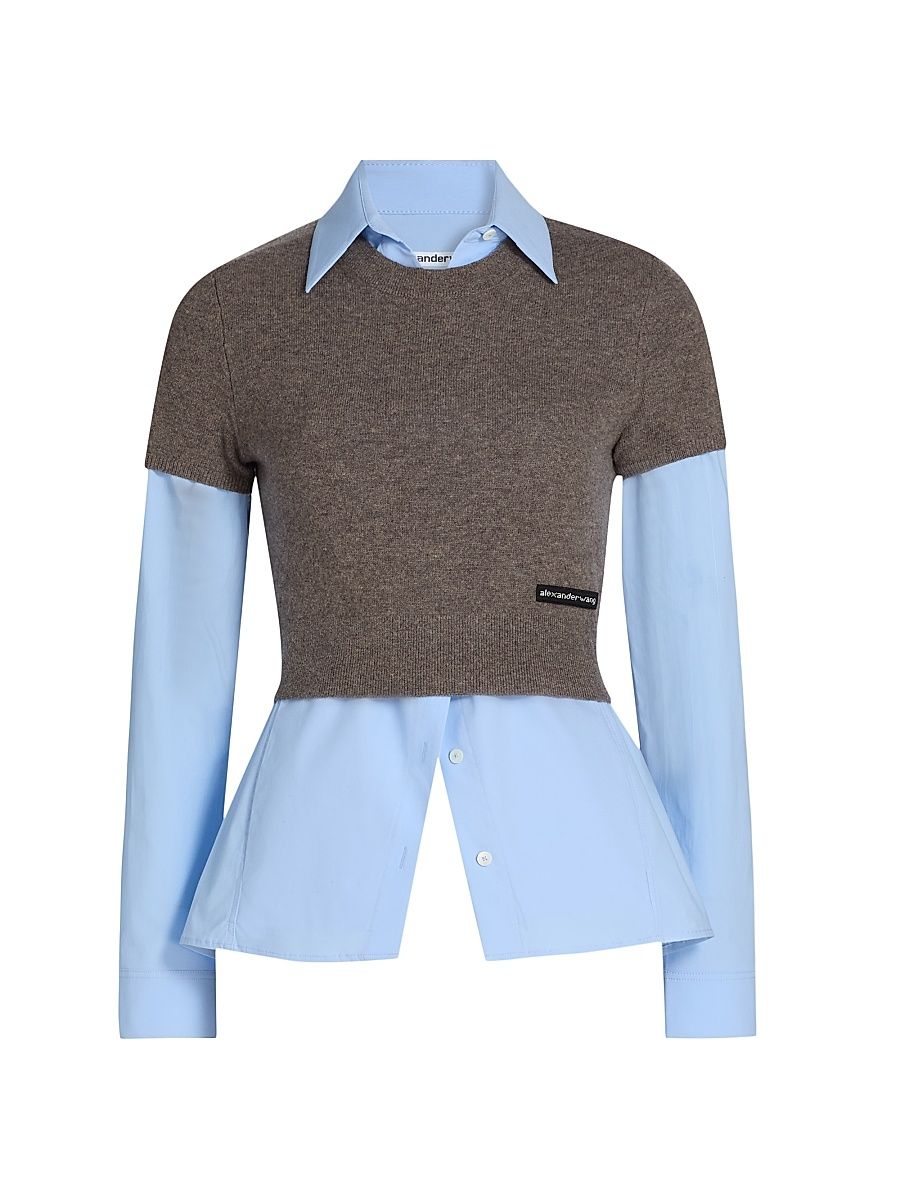 Women's Prestyled Button-Front Combo Top - Brown Blue - Size Large