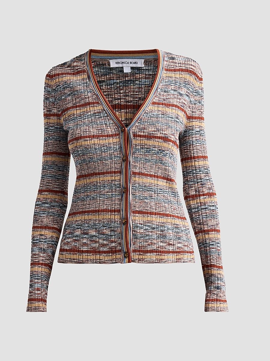 Women's Calliope Striped Ribbed-Knit V-Neck Cardigan - Rust Multi - Size XS