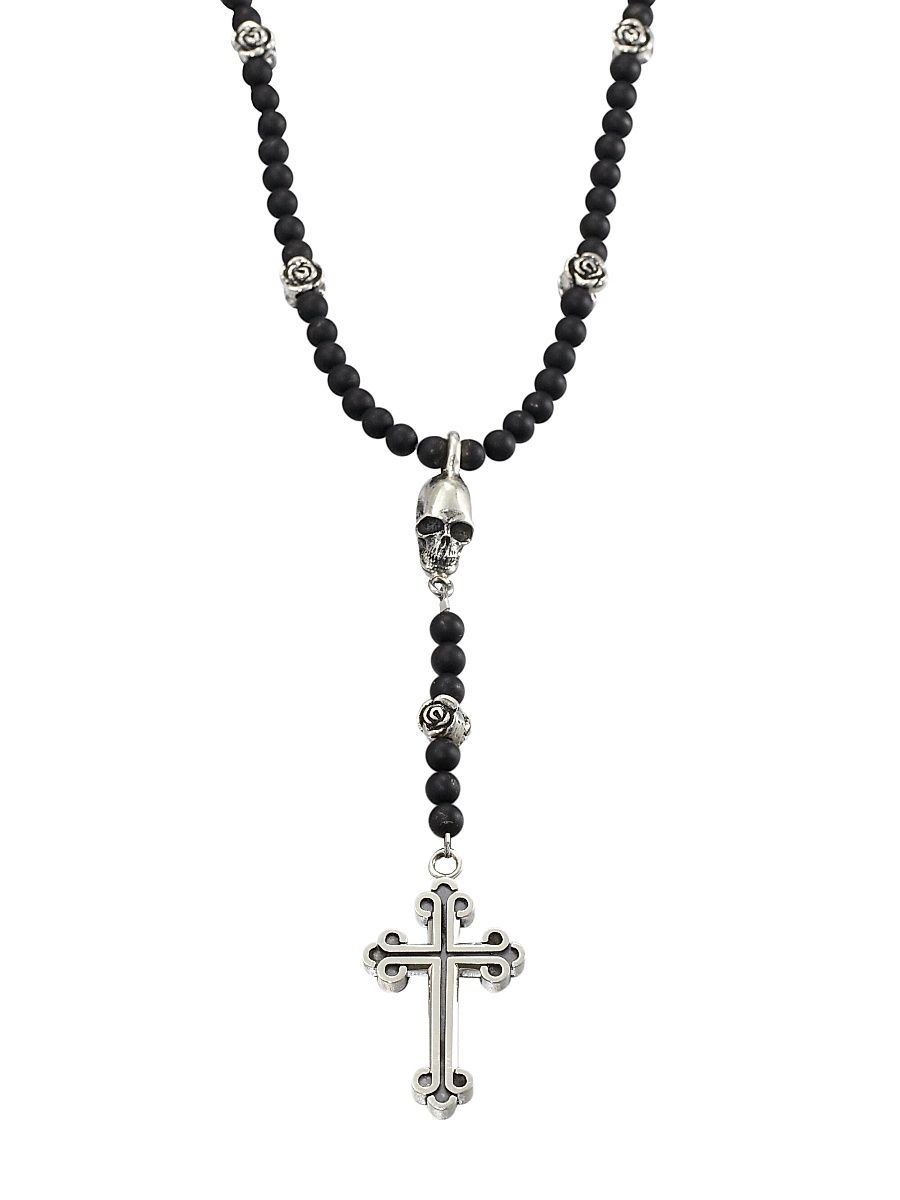 Men's Onyx Beaded Rosary Necklace - Black Silver