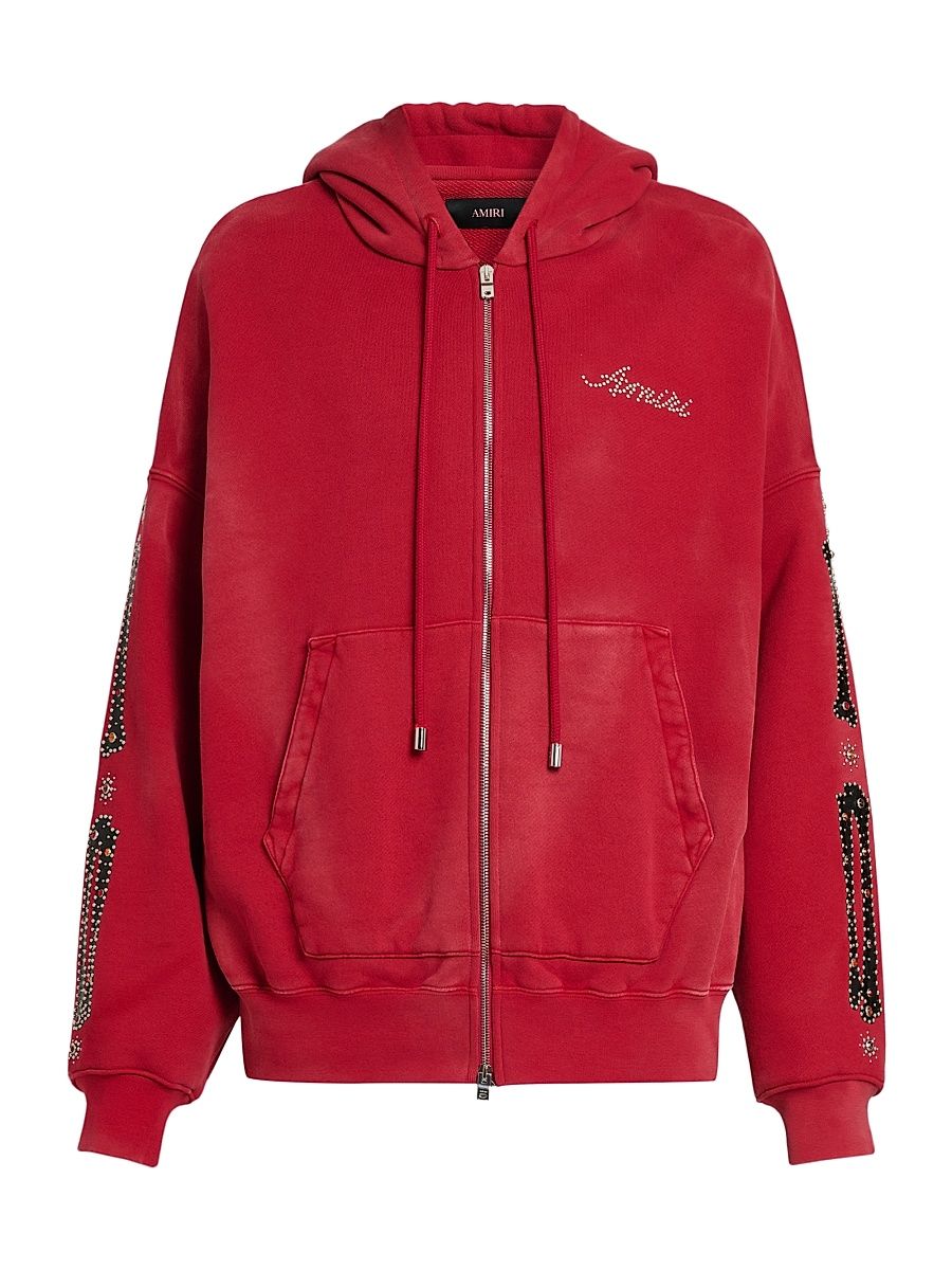 Men's Bones Studded Cotton Zip-Up Hoodie - Redrose - Size Small