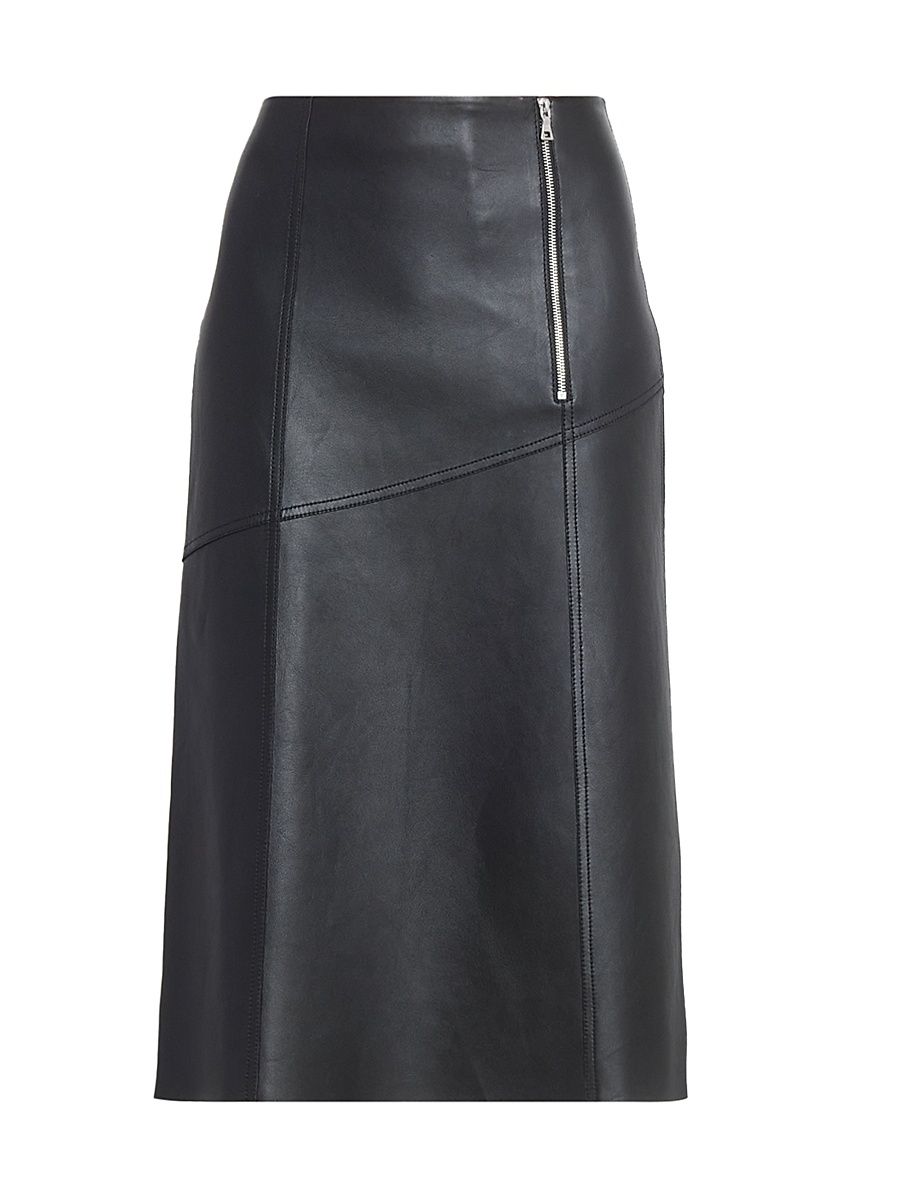 Women's Zip-Detail Leather Midi-Skirt - Black - Size 0