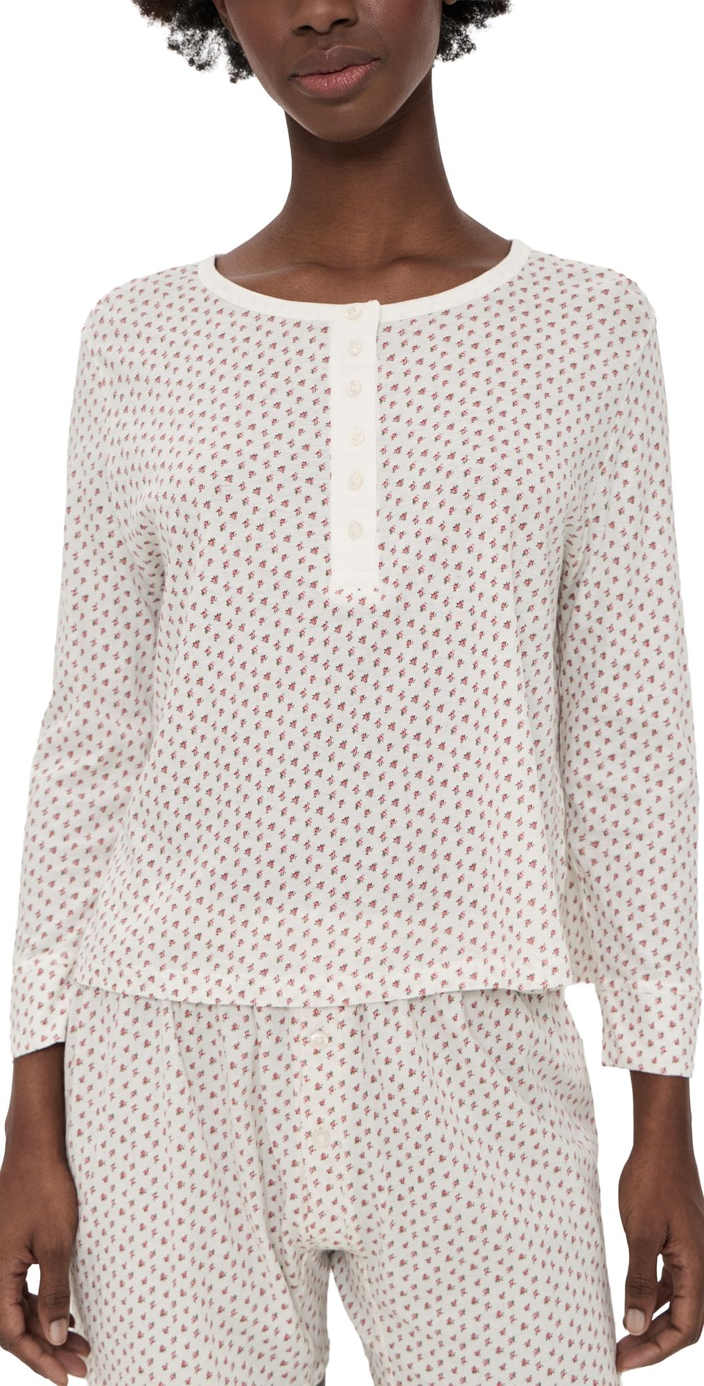 THE GREAT. The Crop Sleep Henley Top Calico Rose 3