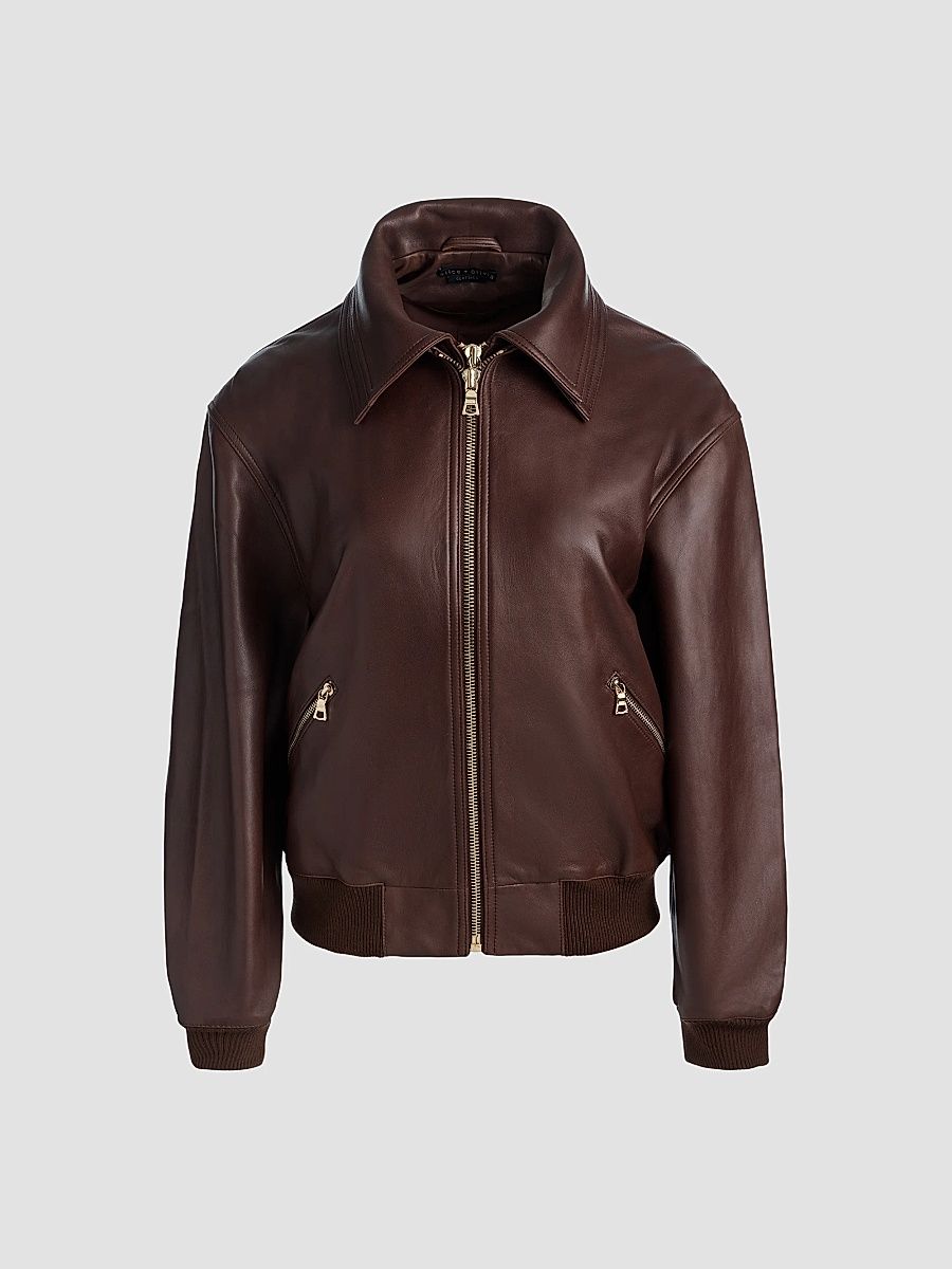 ALICE + OLIVIA Women's Collins Double-Layered Leather Bomber Jacket - Dark Chocolate - Size XL