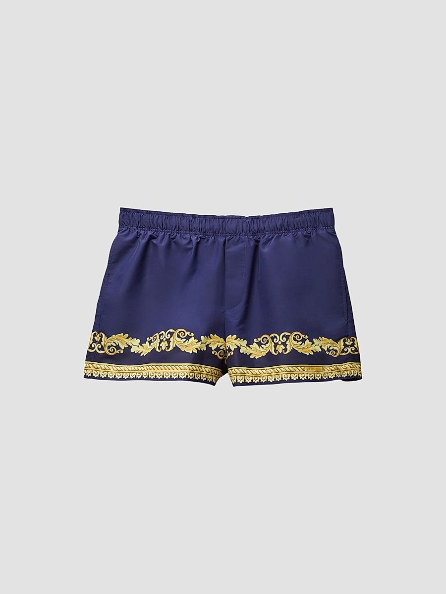Men's Barocco-Print Swim Shorts - Navy Aubergine Gold - Size XXXL