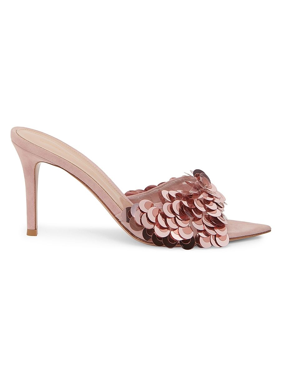 Women's 85MM Pailette-Embellished Suede Stiletto Mules - Sakura - Size 11