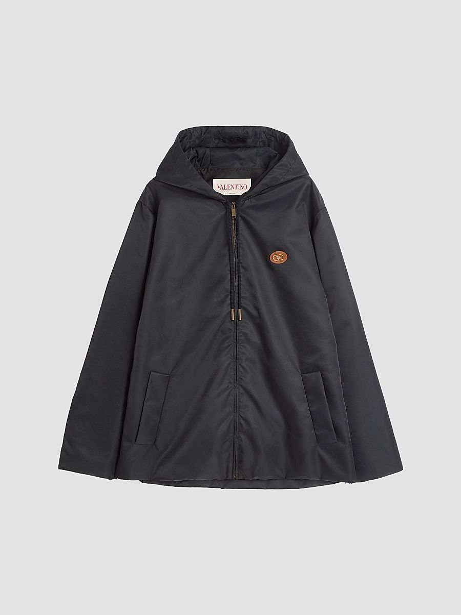 Men's Nylon Hooded Windbreaker Jacket with VLogo Patch - Black - Size 44