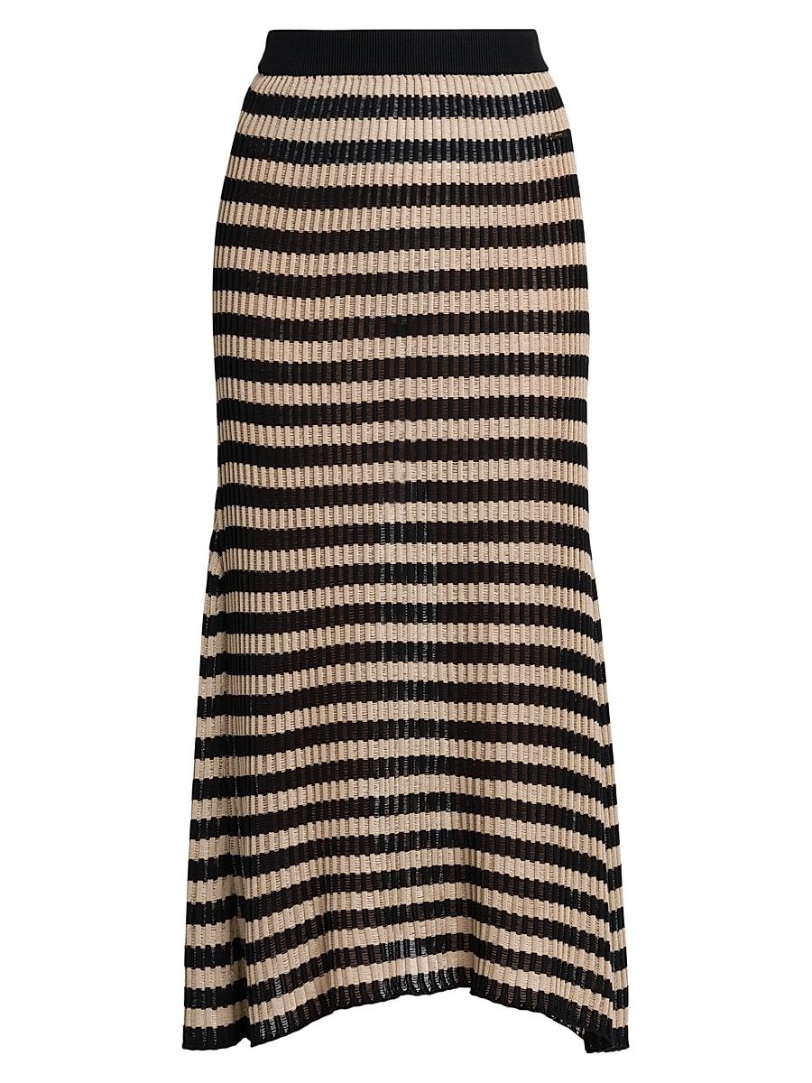 Women's Striped Knit Silk Midi-Skirt - Sand Black - Size 12